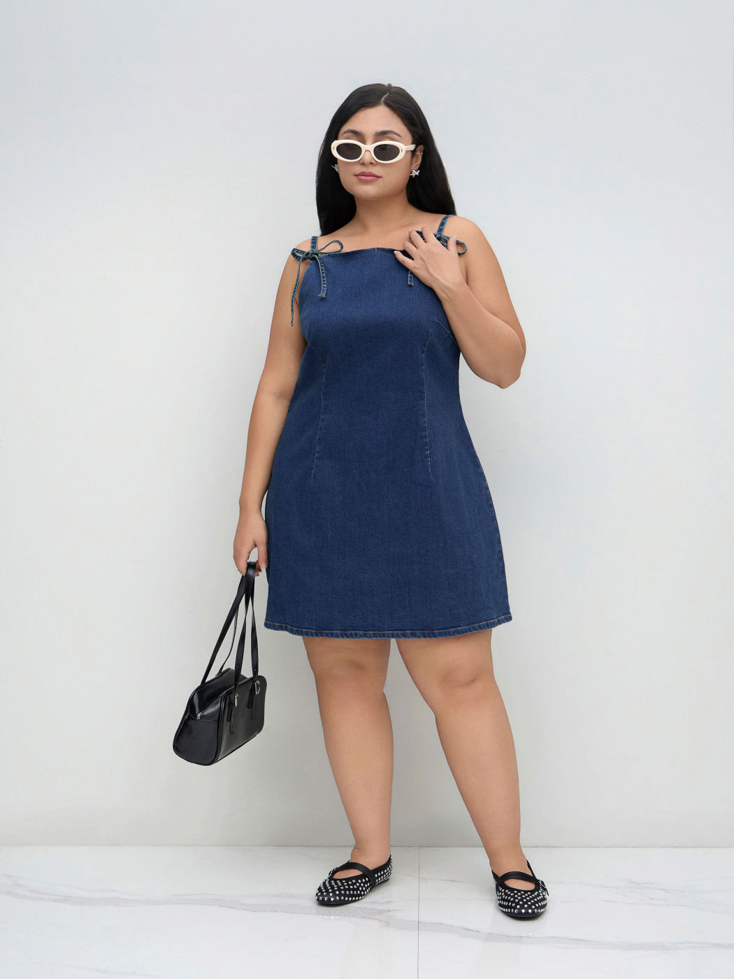 Stretch Denim Boat Neck Bowknot Mini Dress Curve & Plus