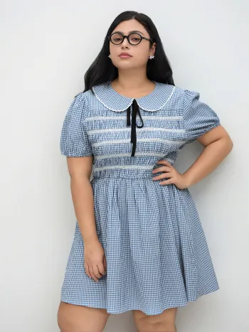Cotton-blend Collar Gingham Shirred Puff Sleeve Mini Dress Curve & Plus