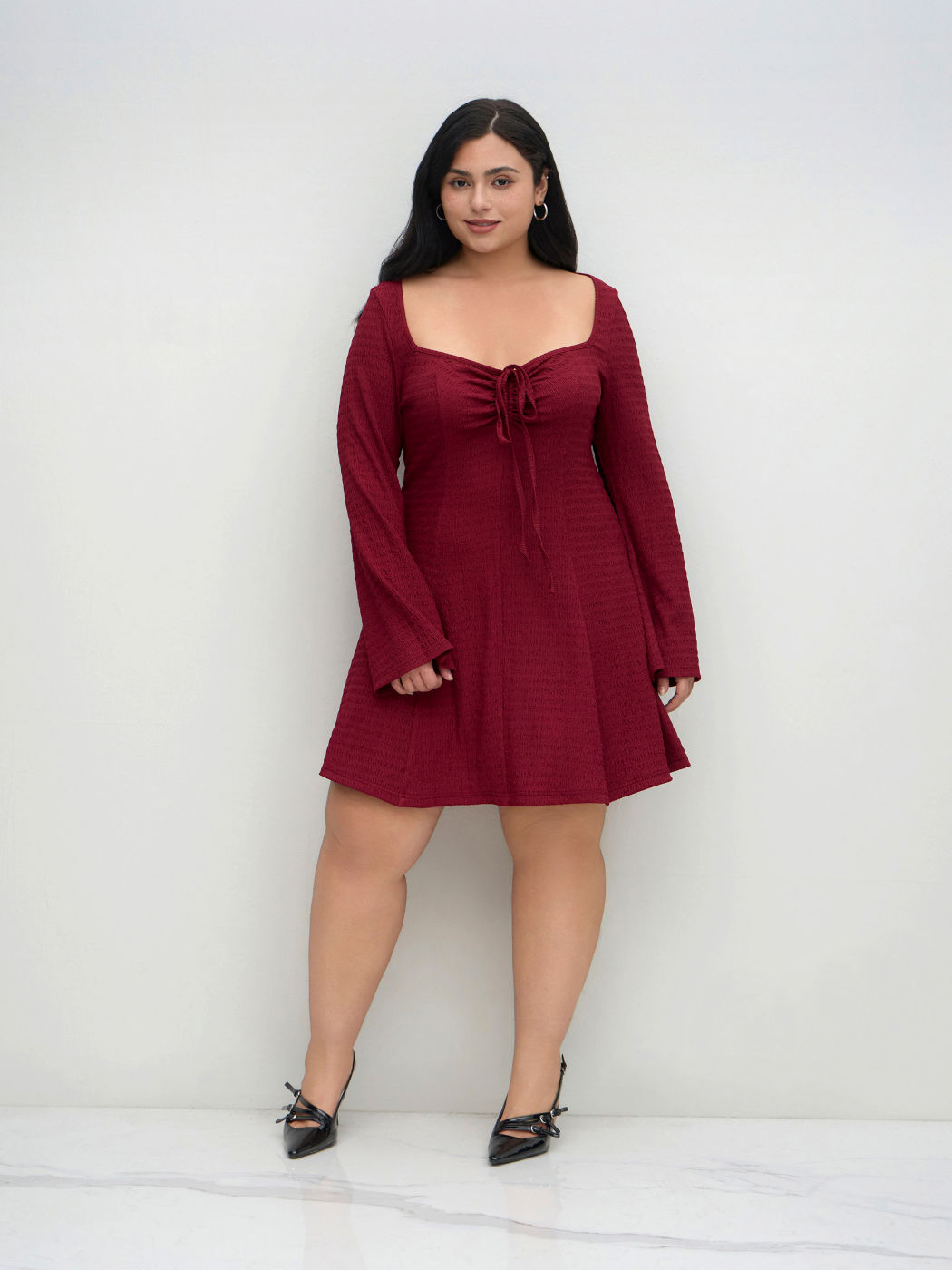 Sweetheart Knotted Texture Bell Sleeve Mini Dress Curve & Plus
