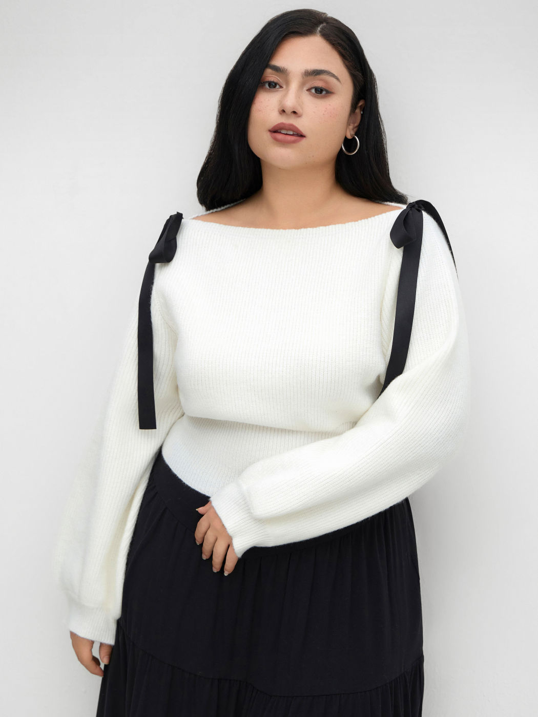 Knit Boat Neck Bowknot Sweater Curve & Plus