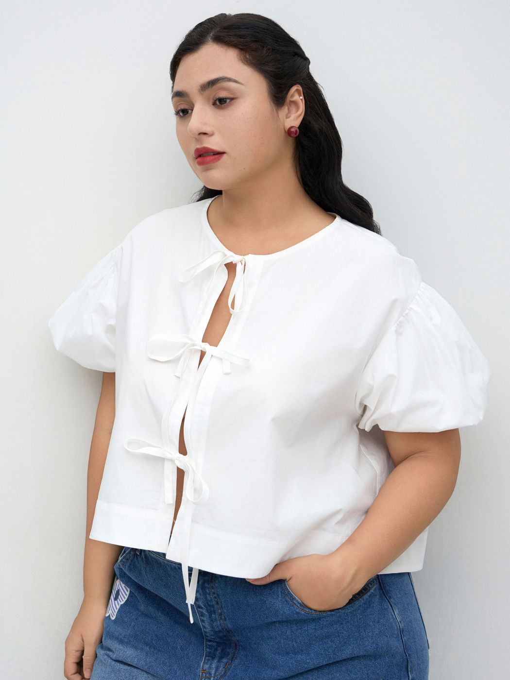 100% Cotton Tie Front Bubble Sleeve Shirt Curve & Plus