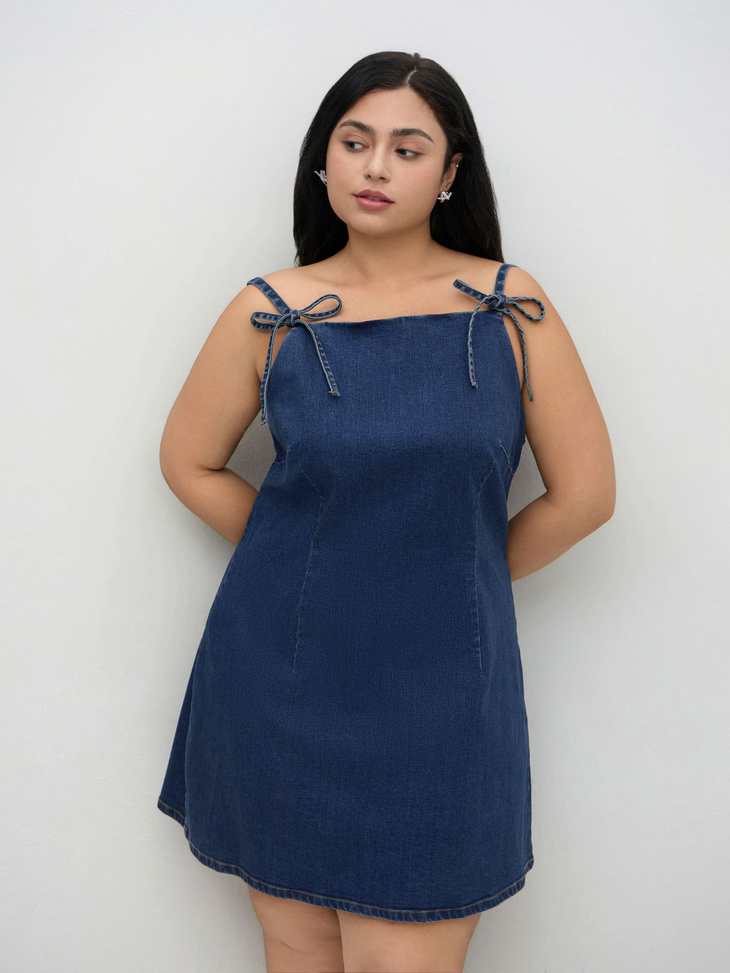 Stretch Denim Boat Neck Bowknot Mini Dress Curve & Plus
