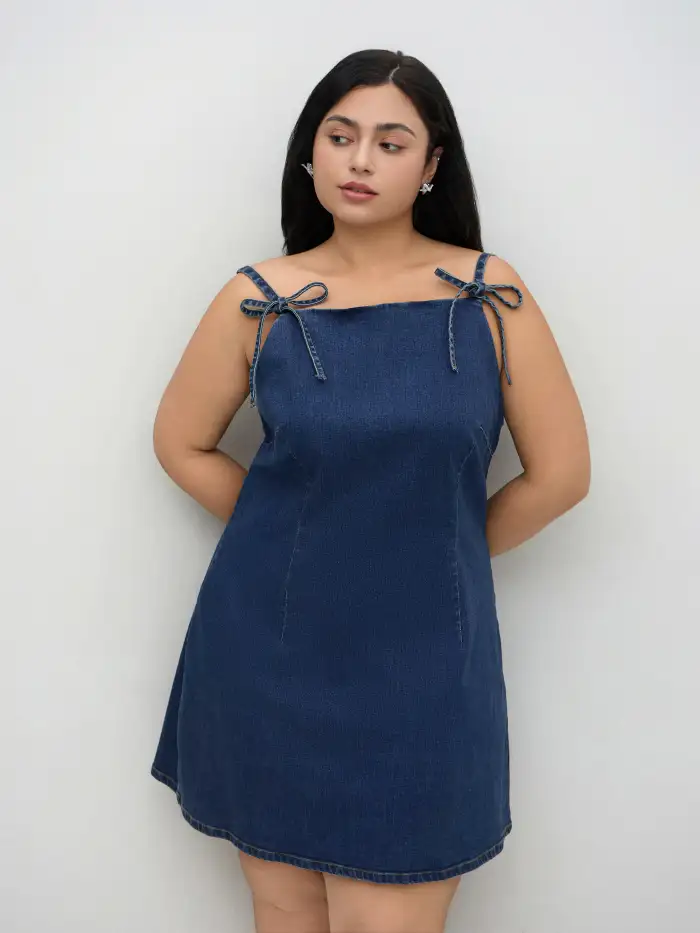 bowknot denim dress Chic Dusk Blue Bowknot Bubble Sleeve Short Denim Dress for Women |  [ZhiHiMeRi]