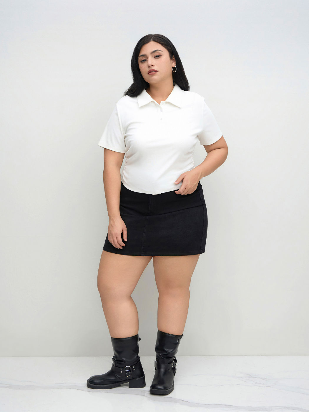 Baumwollmischung Polo Rüschenoberteil Kurve & Plus
