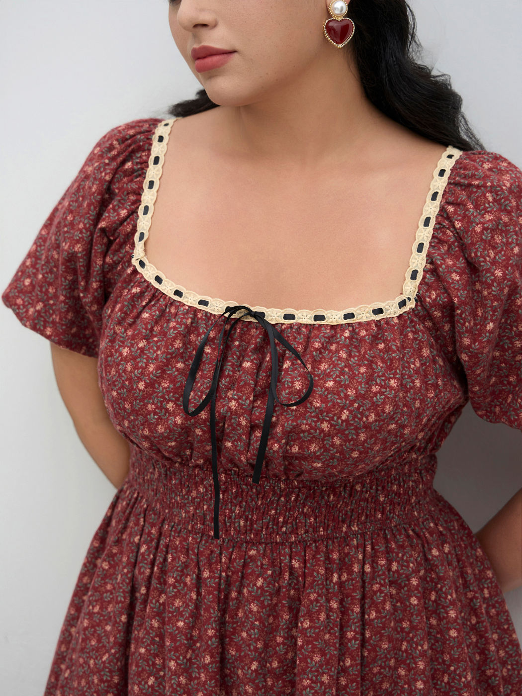 100% Cotton Ditsy Floral Shirred Knotted Midi Dress Curve & Plus