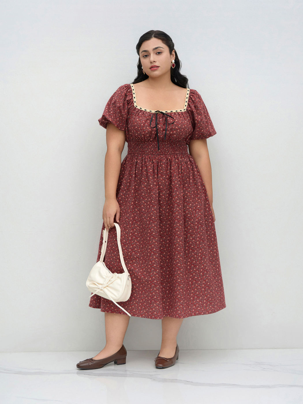 100% Cotton Ditsy Floral Shirred Knotted Midi Dress Curve & Plus
