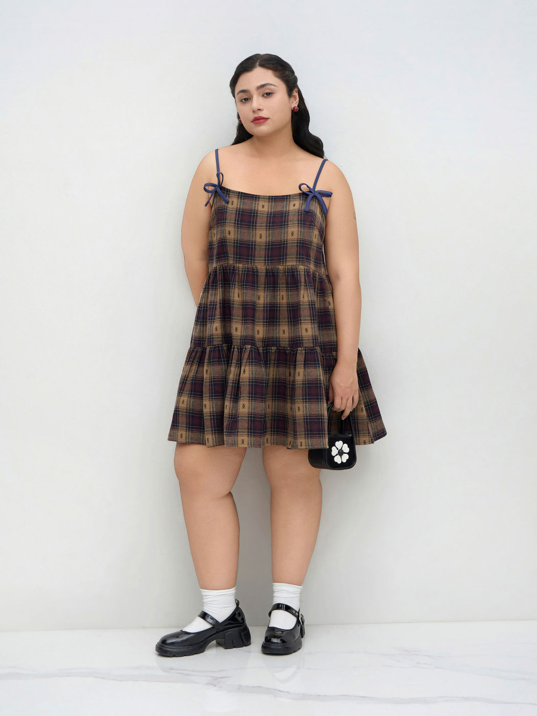 Tartan Bowknot Ruffle Hem Mini Dress Curve & Plus