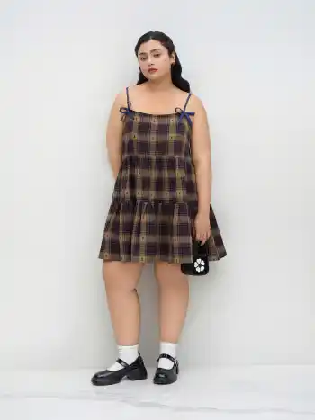 Tartan Bowknot Ruffle Hem Mini Dress Curve & Plus