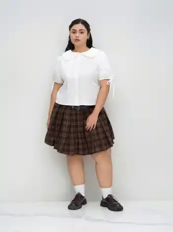 100% Cotton Peter Pan Collar Knotted Short Sleeve Shirt Curve & Plus