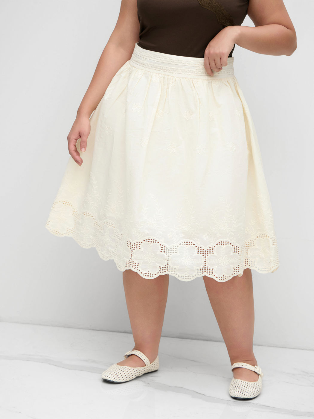 100% Cotton Mid Rise Floral Embroidery Midi Skirt Curve & Plus