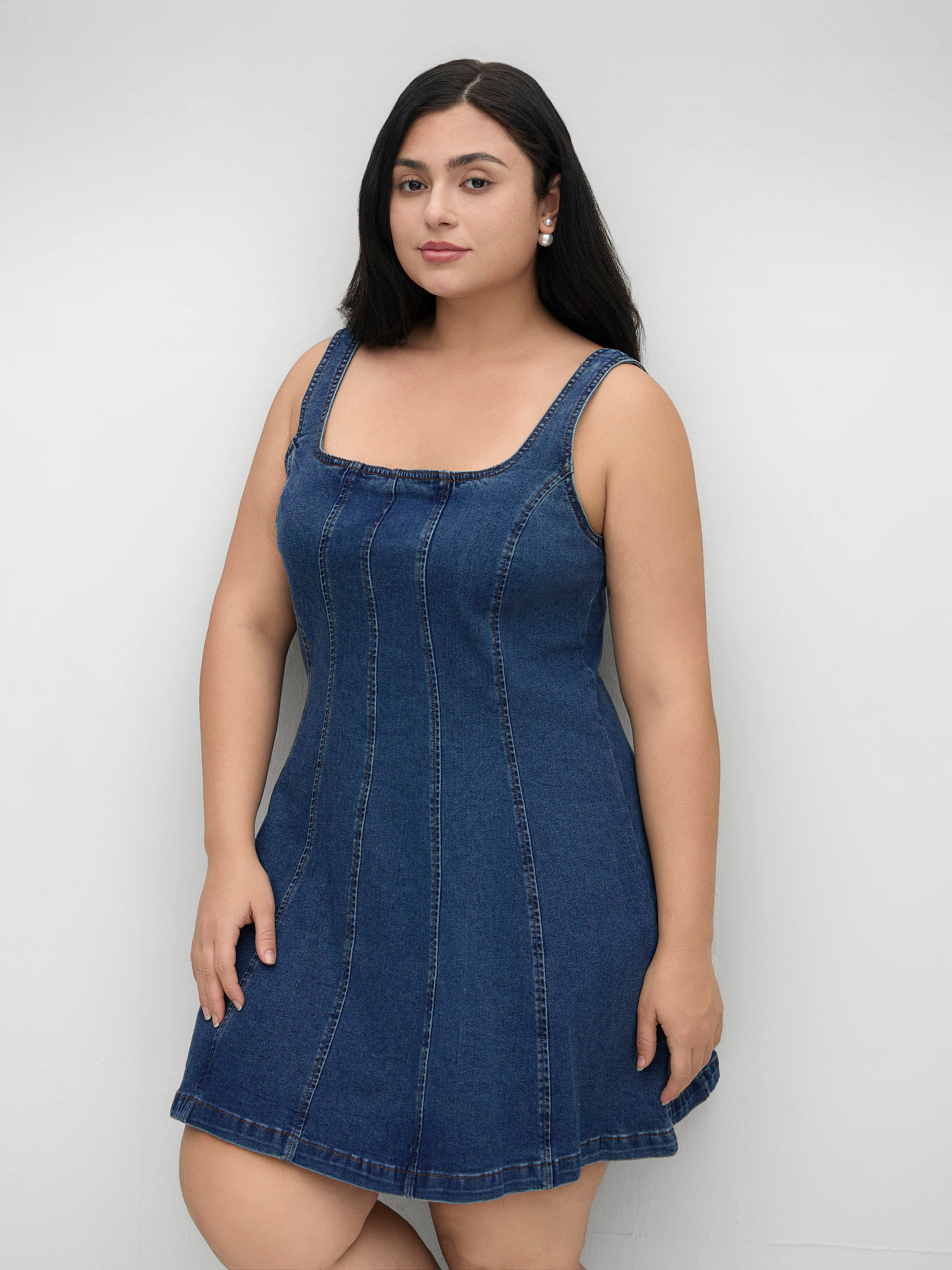 Stretch Denim Square Neck Zipper Dress Curve & Plus
