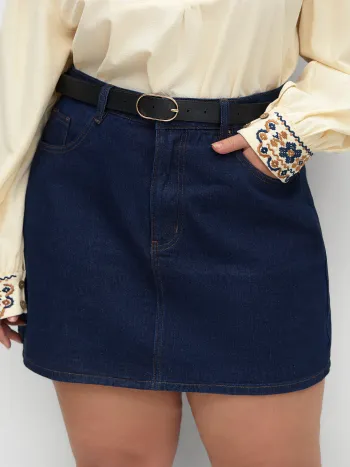 Denim Mid Rise Pocket Mini Skirt With Belt Curve & Plus