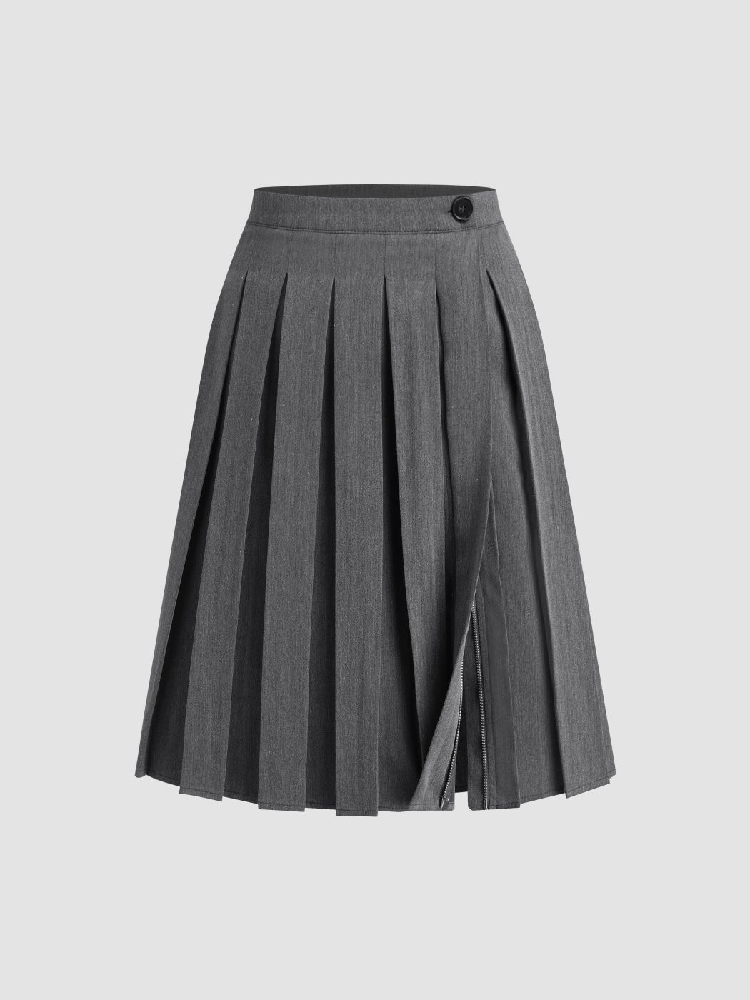 Mid Rise Pleated Zip Through Midi Skirt