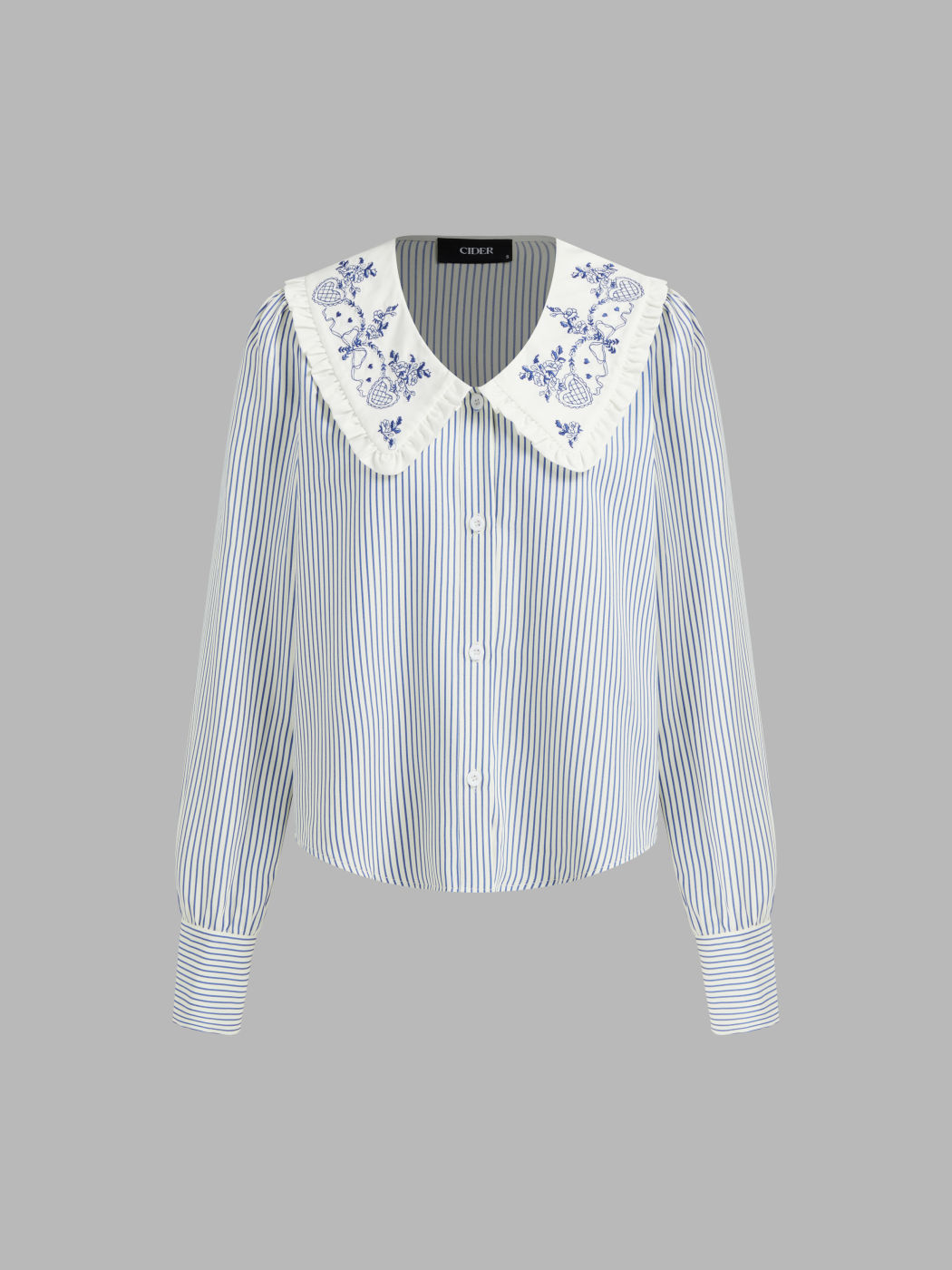 Oversize-Bluse mit Puppenkragen, Streifen und Blumenstickerei