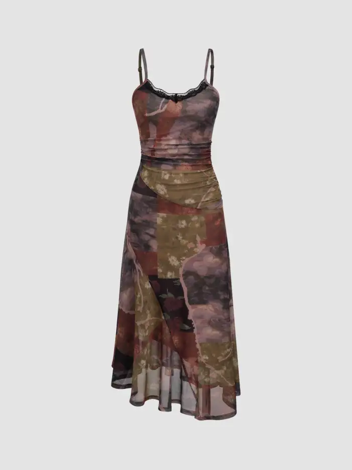 Mesh Mid Rise Abstract Graphic Floral Asymmetrical Hem Maxi Skirt