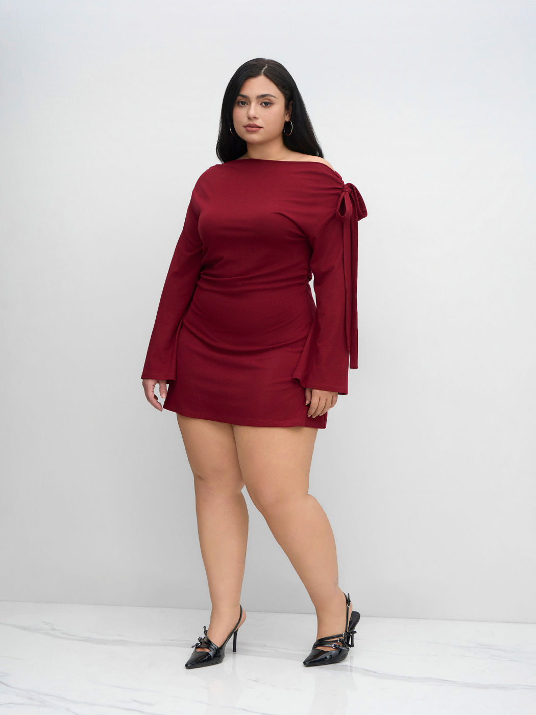 Asymmetrical Neck Knotted Ruched Mini Dress Curve & Plus