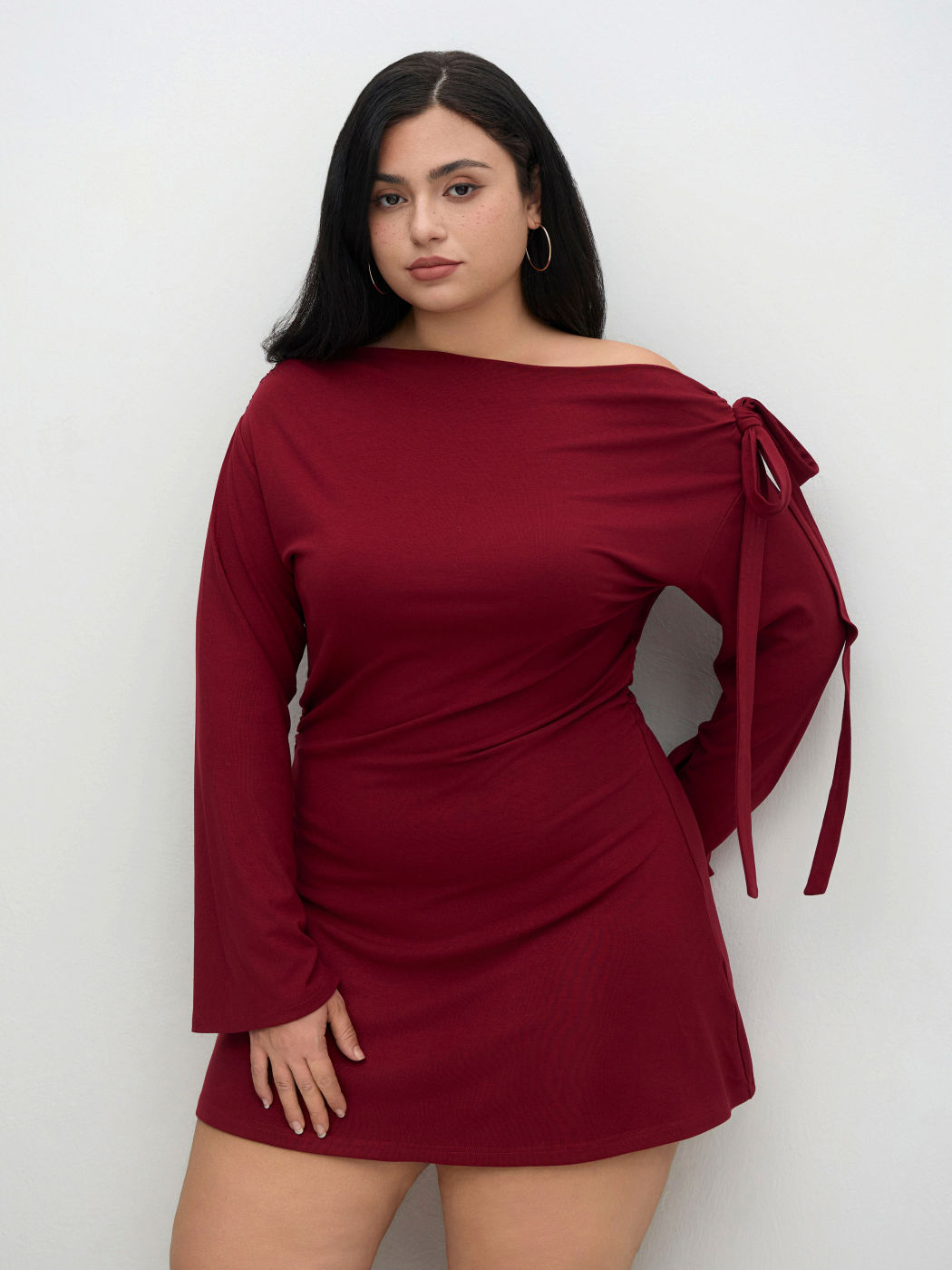 Asymmetrical Neck Knotted Ruched Mini Dress Curve & Plus