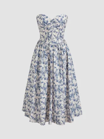 Bandeau Blumen-Midi-Kleid mit Rüschen
