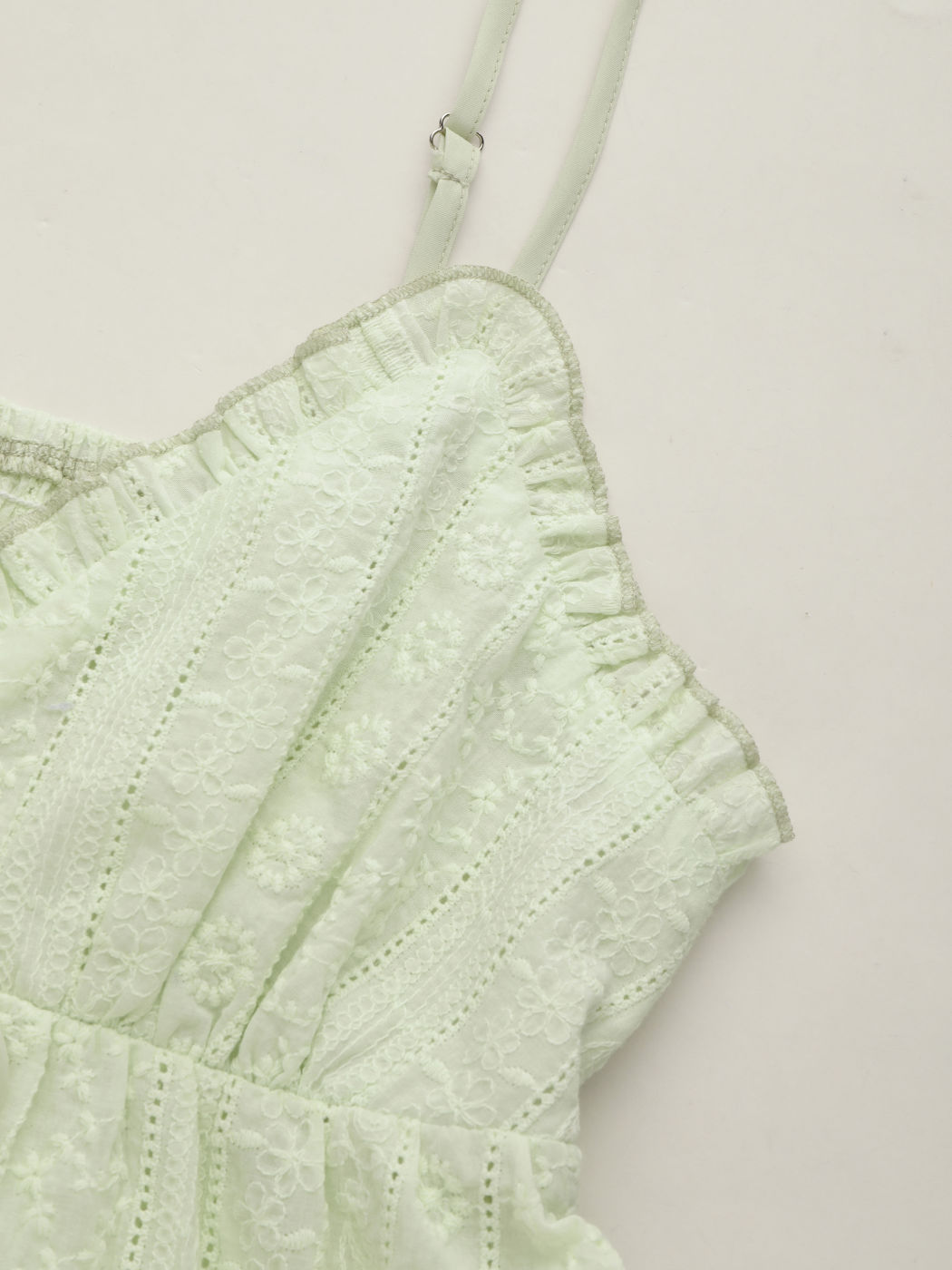 Cotton V-neck Broderie Anglaise Shirred Lettuce Trim Cami Top