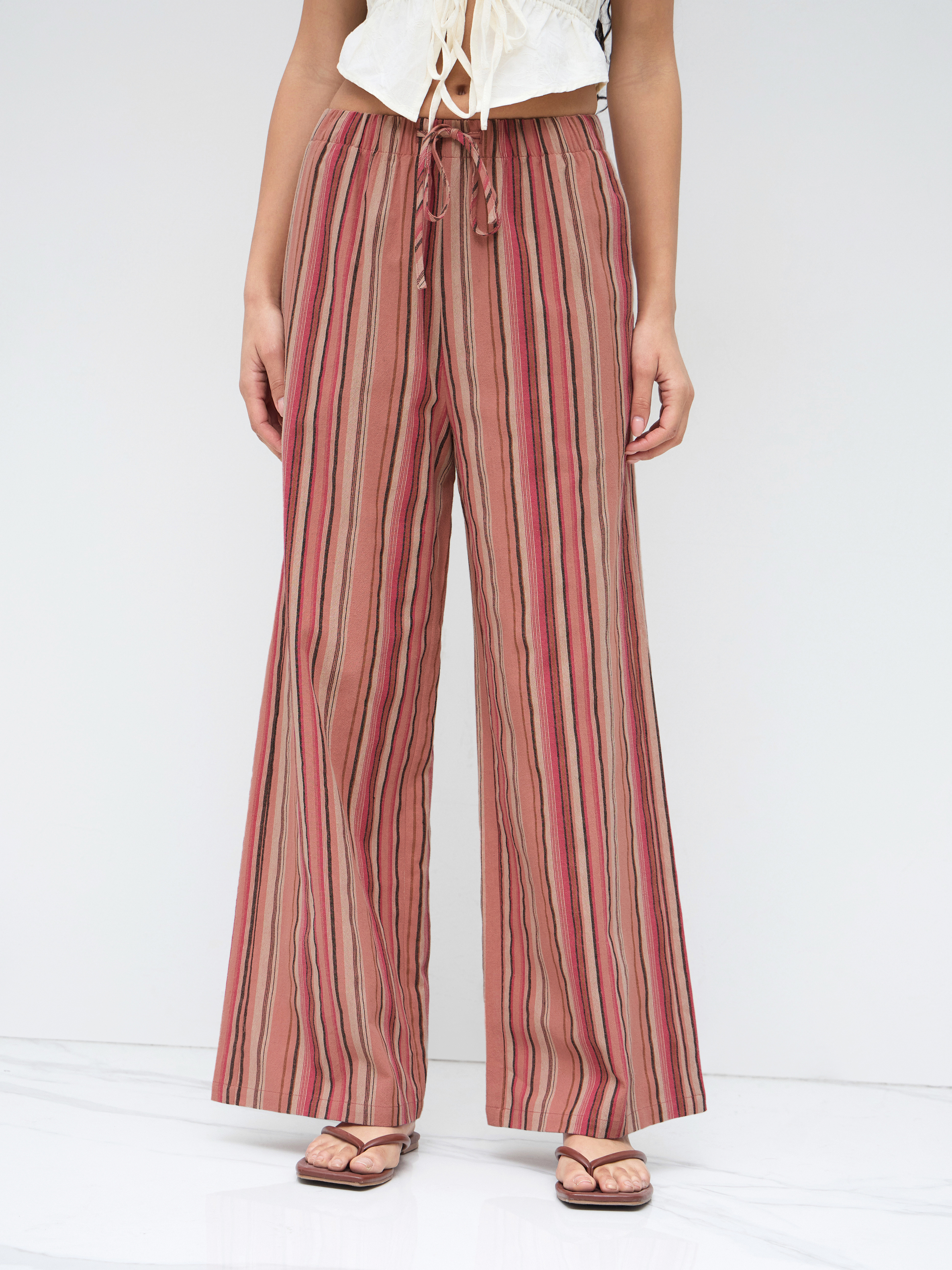 Woven 100% Cotton Mid Rise Stripe Knotted Straight Leg