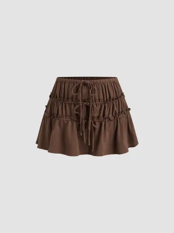 Linen-blend Low Rise Knotted Lettuce Trim Tiered Mini Skirt