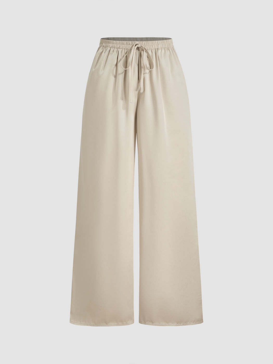 Satin-Breitbein-Hosen mit mittiger Taille, Knoten und elastischem Bund