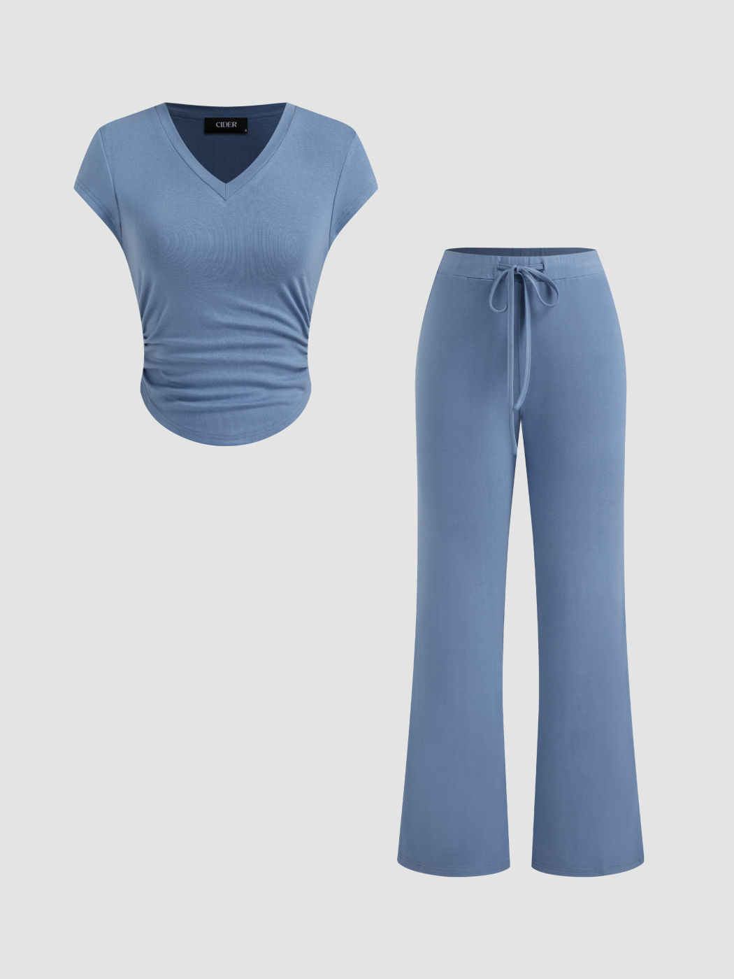 V-neck Ruched Tee & Mid Rise Elastic Waist Straight Leg Trousers