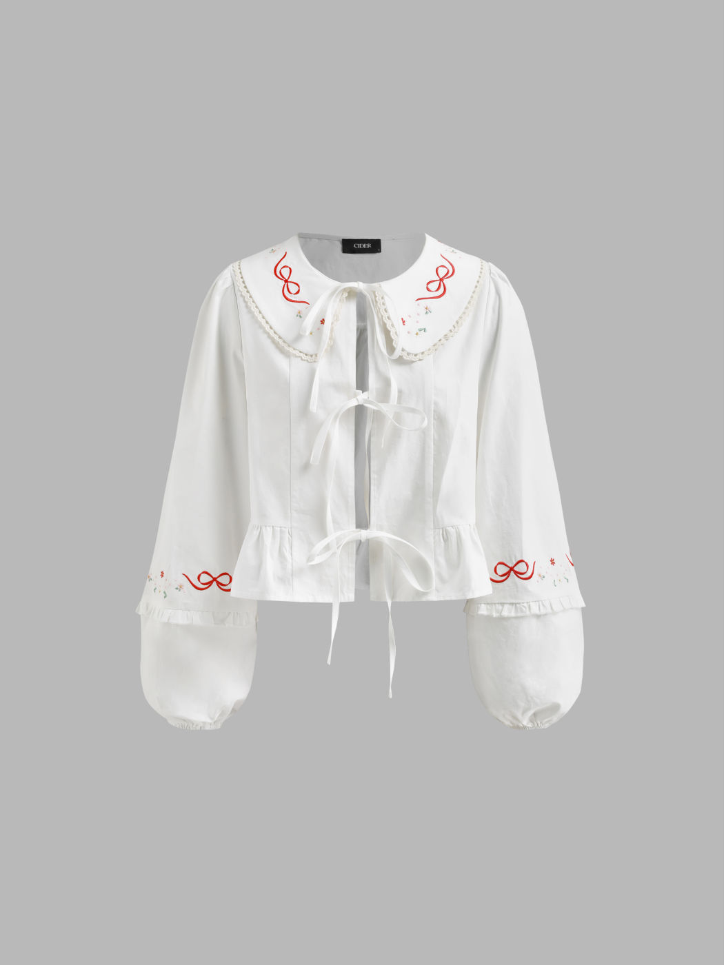 100% Cotton Doll Collar Bowknot Embroidery Tie Front Bow Lantern Sleeve Blouse