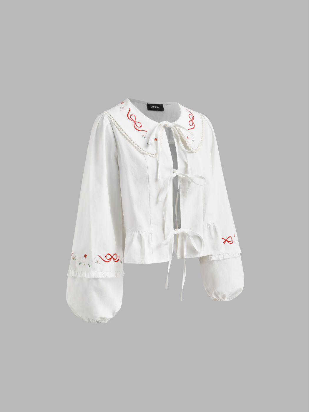 100% Cotton Doll Collar Bowknot Embroidery Tie Front Bow Lantern Sleeve Blouse