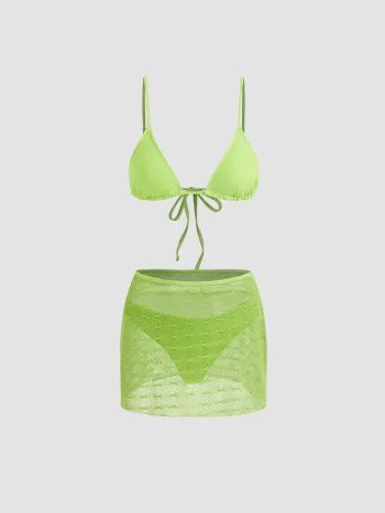 Set bikini a triangolo con scollo a V e pareo in rete