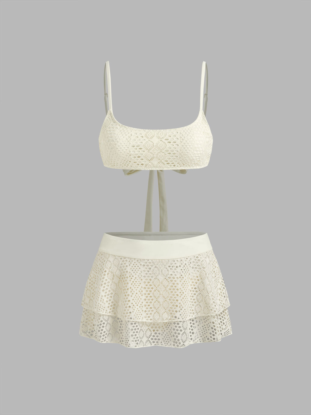 U-neckline Ruffle Hem Bracelet Bikini Set & Layered Cover Up Skirt