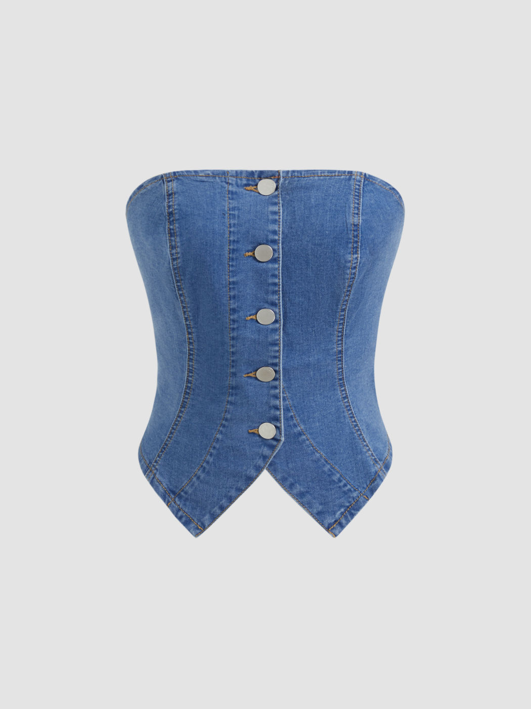 High Stretch Denim Bandeau Shirred Split Crop Top