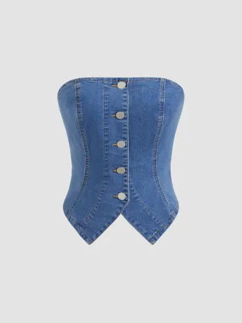 Hochdehnbarer Denim-Bandeau-Crop-Top mit Shirring und Schlitz