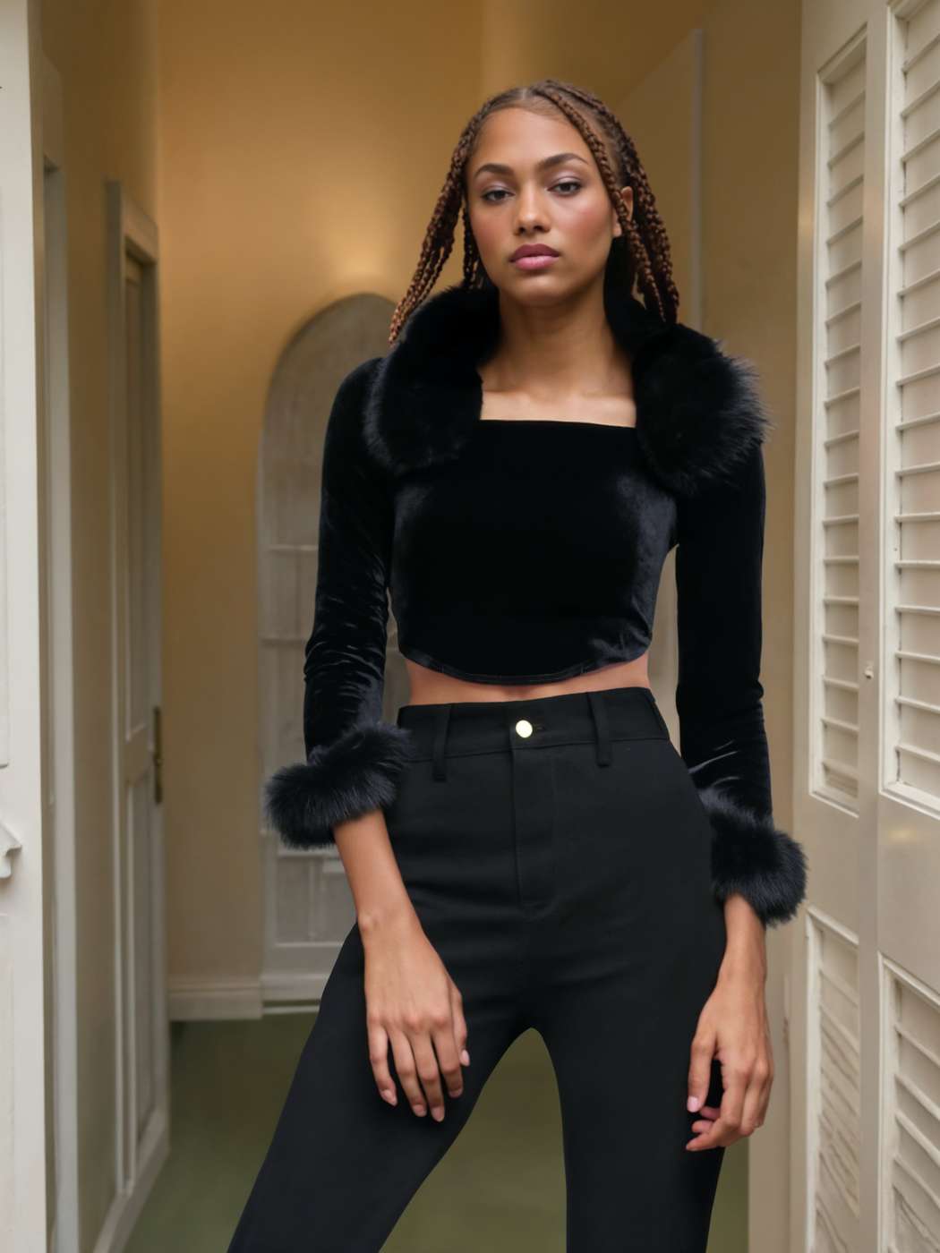 Terciopelo Blusa de Terciopelo Sólido con Cuello Cuadrado y