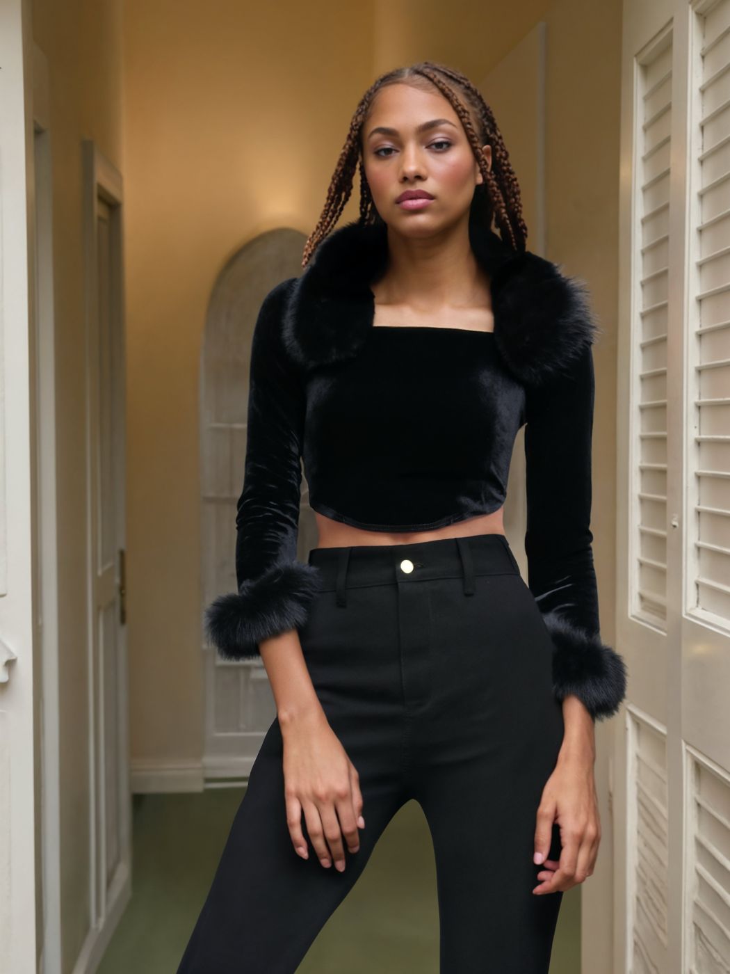 Velvet Solid Square Neck Fuzzy Crop Blouse