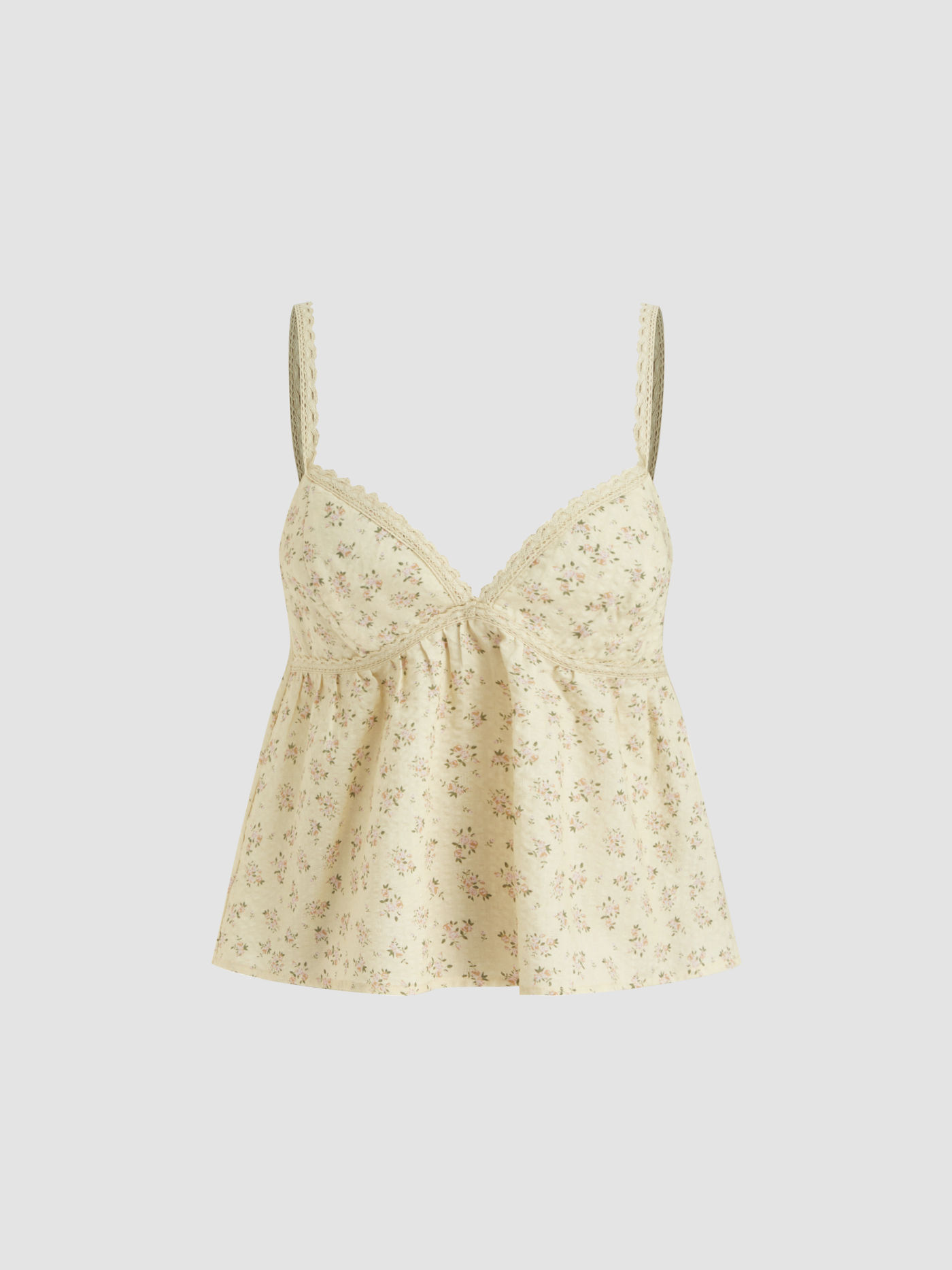 Cotton-blend V-neck Floral Lettuce Trim Ruffle Cami Top