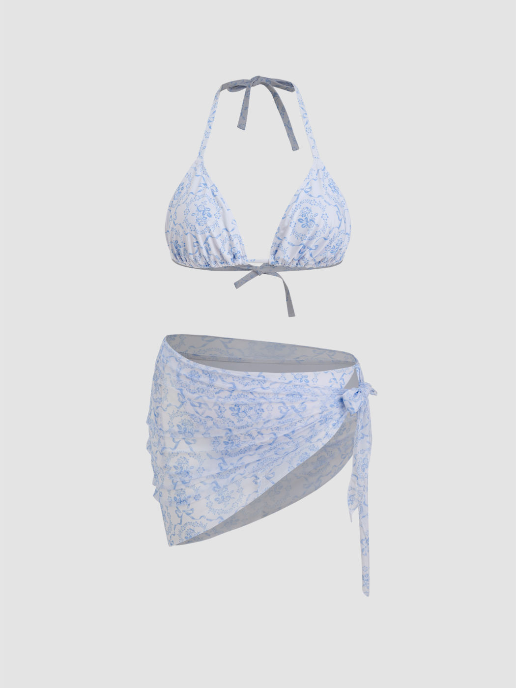 V-neck Floral Halter Cheeky Bikini Set With Bowknot Sarong Curve & Plus