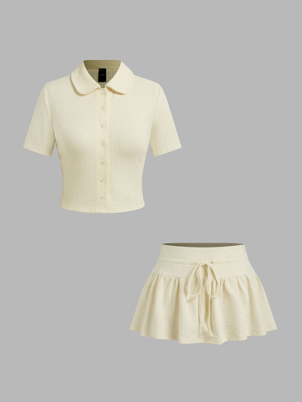 Cotton-blend Peter Pan Collar Texture Top & Mid Rise Texture Knotted Mini Skirt 
