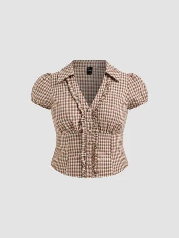 100% Cotton V-neck Check Short Sleeve Blouse Curve & Plus