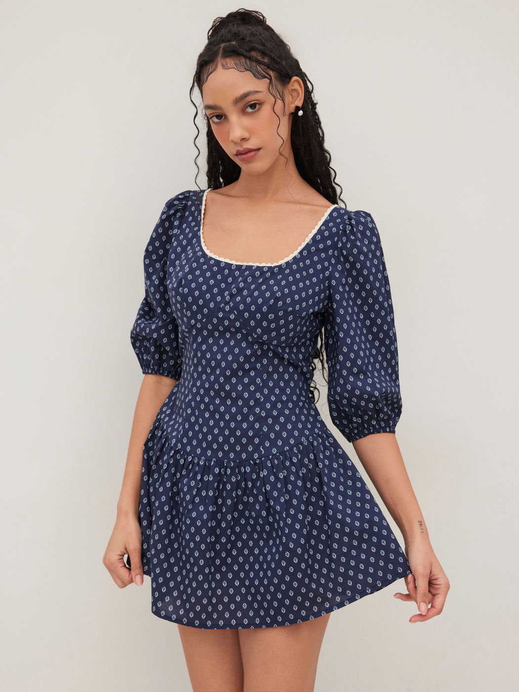 100% Cotton Geometric Lettuce Trim Ruffle Mini Dress