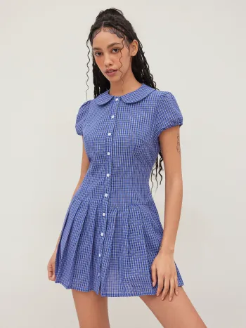 Cotton-blend Collar Plaid Pleated Mini Dress
