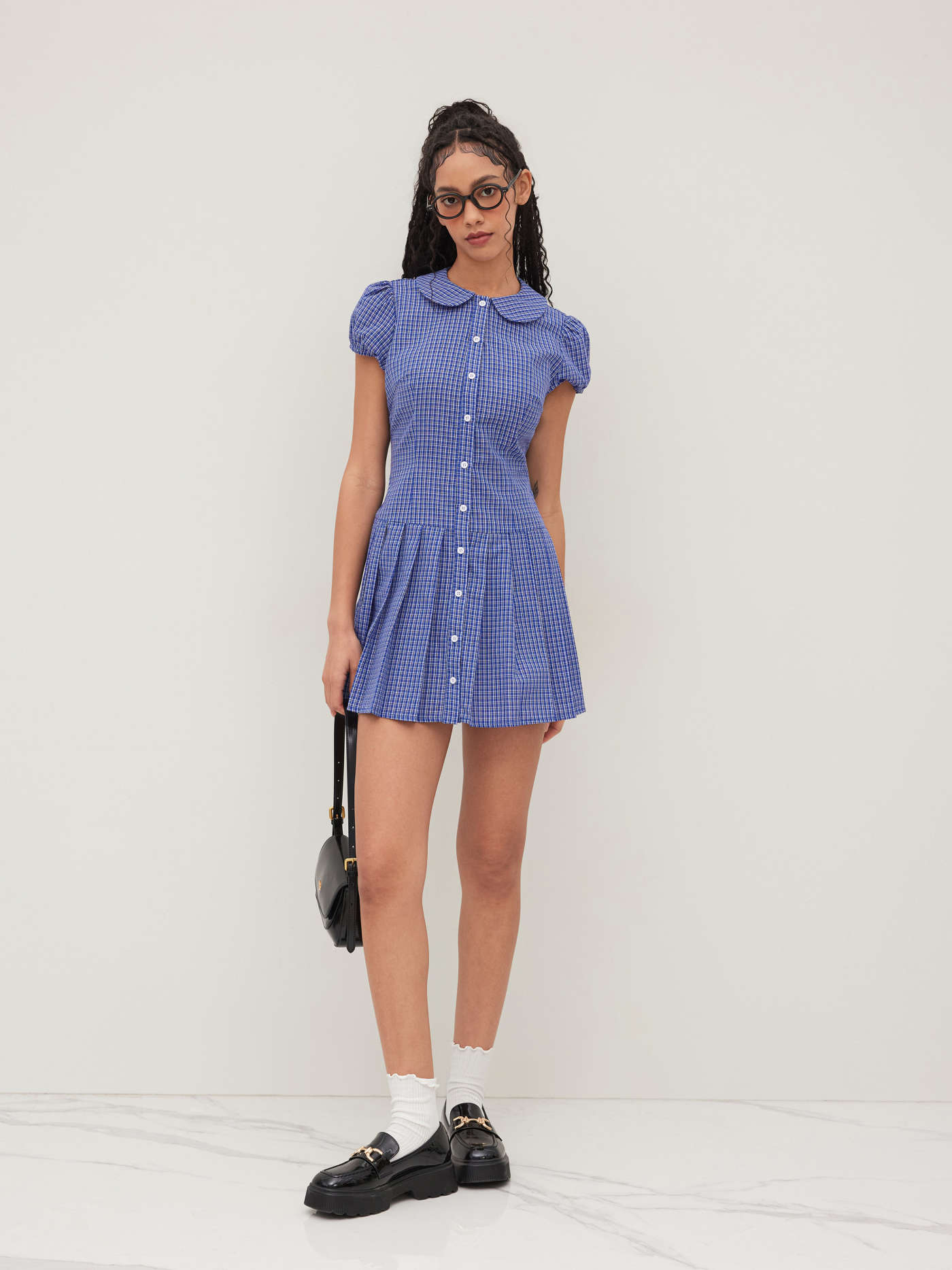 Cotton-blend Collar Plaid Pleated Mini Dress