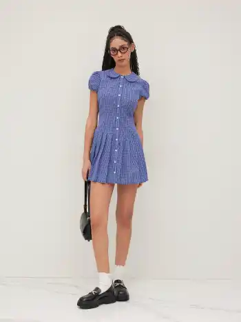 Cotton-blend Collar Plaid Pleated Mini Dress
