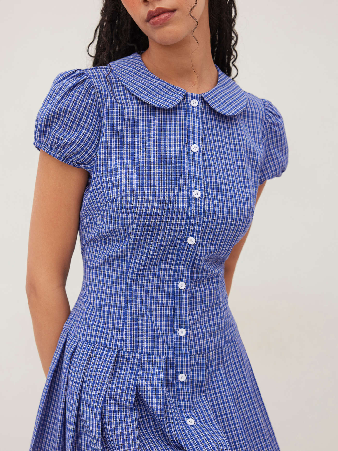 Cotton-blend Collar Plaid Pleated Mini Dress