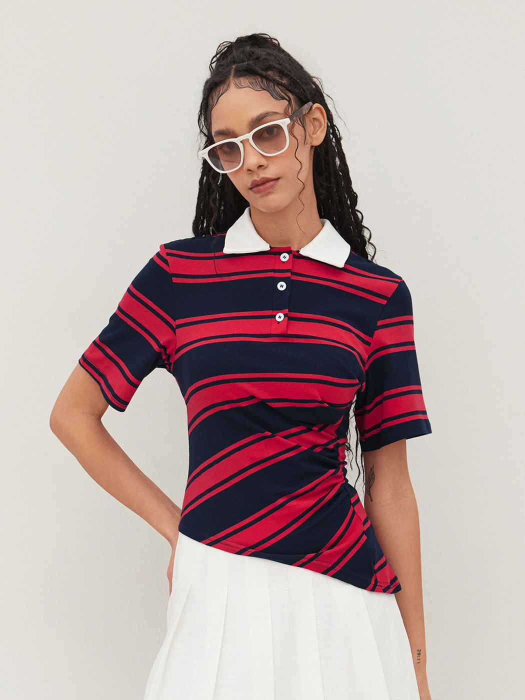 Cotton-blend Polo Stripes Ruched Asymmetrical Tee