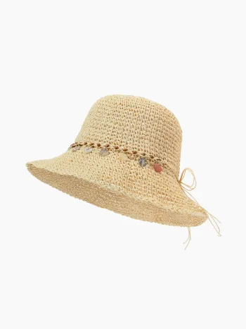 CAPPELLO DI PAGLIA DECORATO CON FIOCCO E CONCHIGLIA