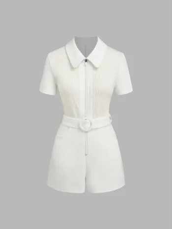 Collar Zip Through Patched Romper With Belt