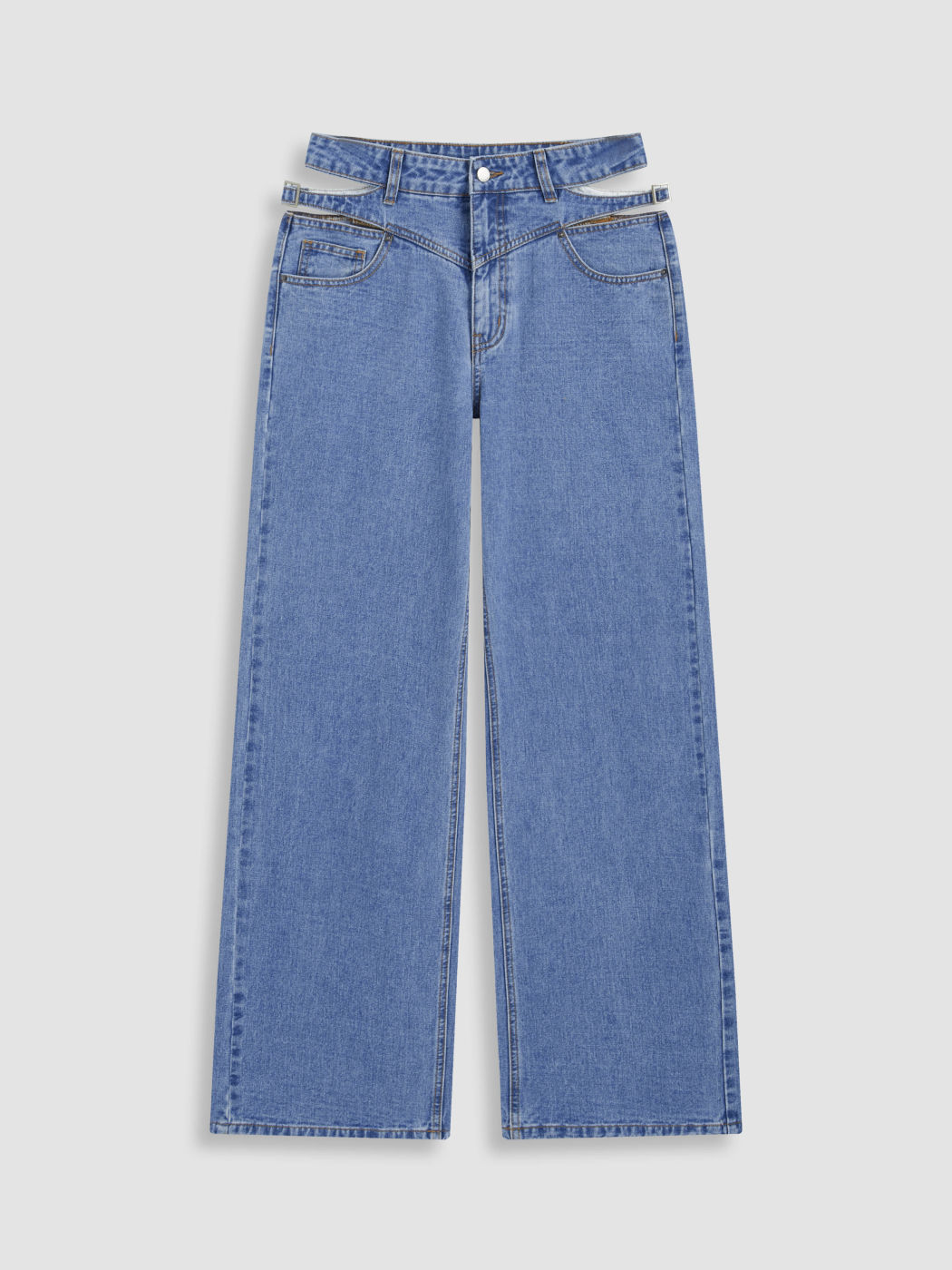 Denim Mid Rise Cut Out Straight Leg Jeans
