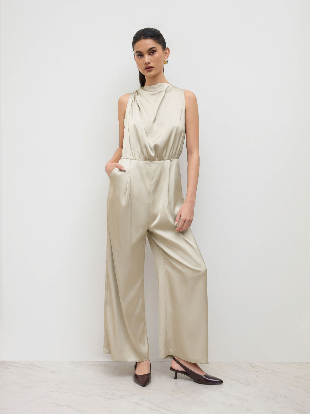 Cowl Neck Ruched Cut Out Jumpsuit