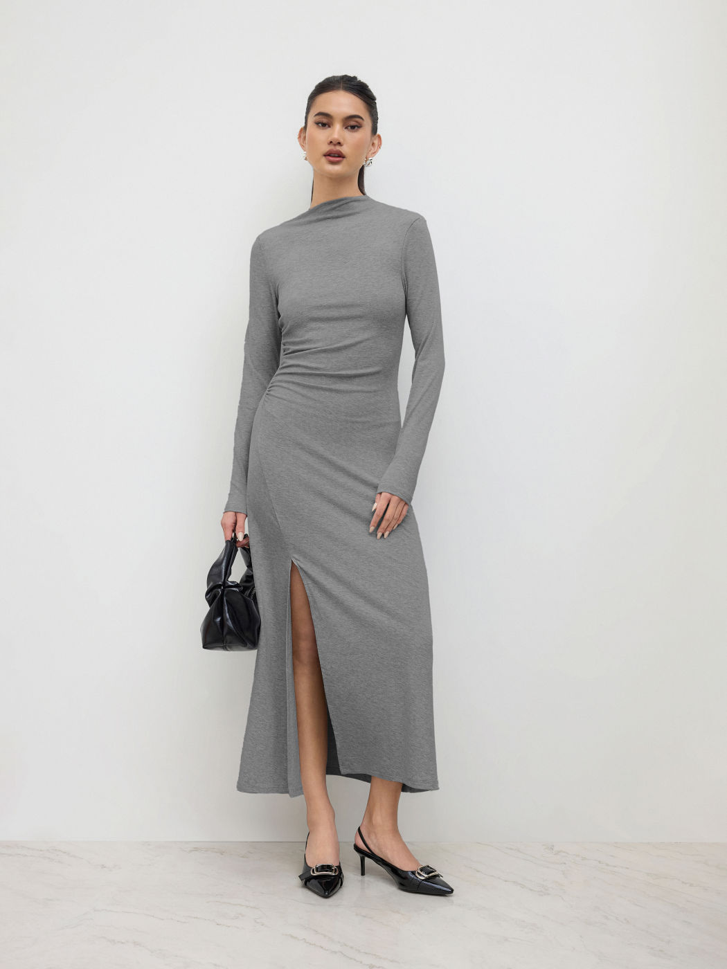 Asymmetrical Neck Split Ruched Maxi Dress